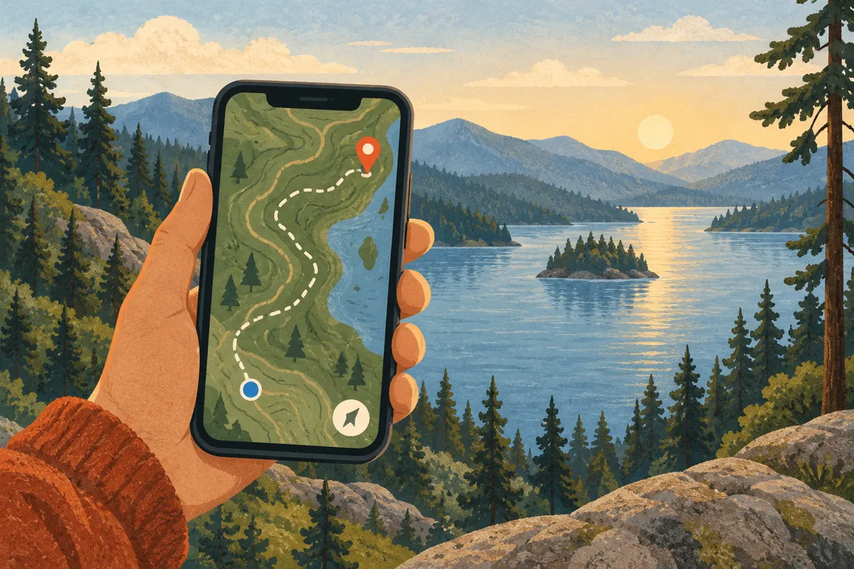Ilustracja telefonu z mapą offline na tle jeziora i lasu