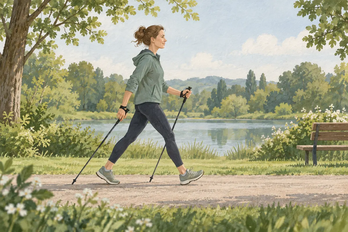 Ilustracja osoby ćwiczącej marsz nordic walking na płaskiej ścieżce.